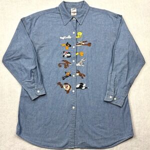 Vintage 1999 Warner Bros Shirt Womens XL Denim Looney Tunes Embroidered Placket